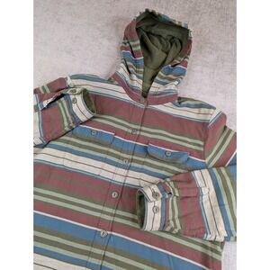 LL Bean Hoodie Womens M Striped Fleece Lined Button Up Flannel Shacket Jacket